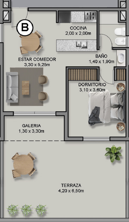 Tipología B: 51.10m²